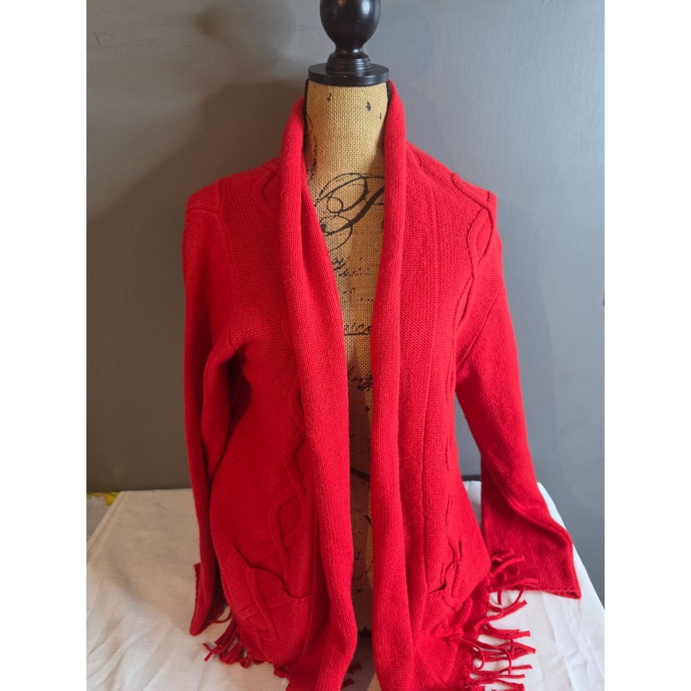Coldwater Creek Red Cable Knit Open Front Cardigan Shawl Collar Fringe Hem L